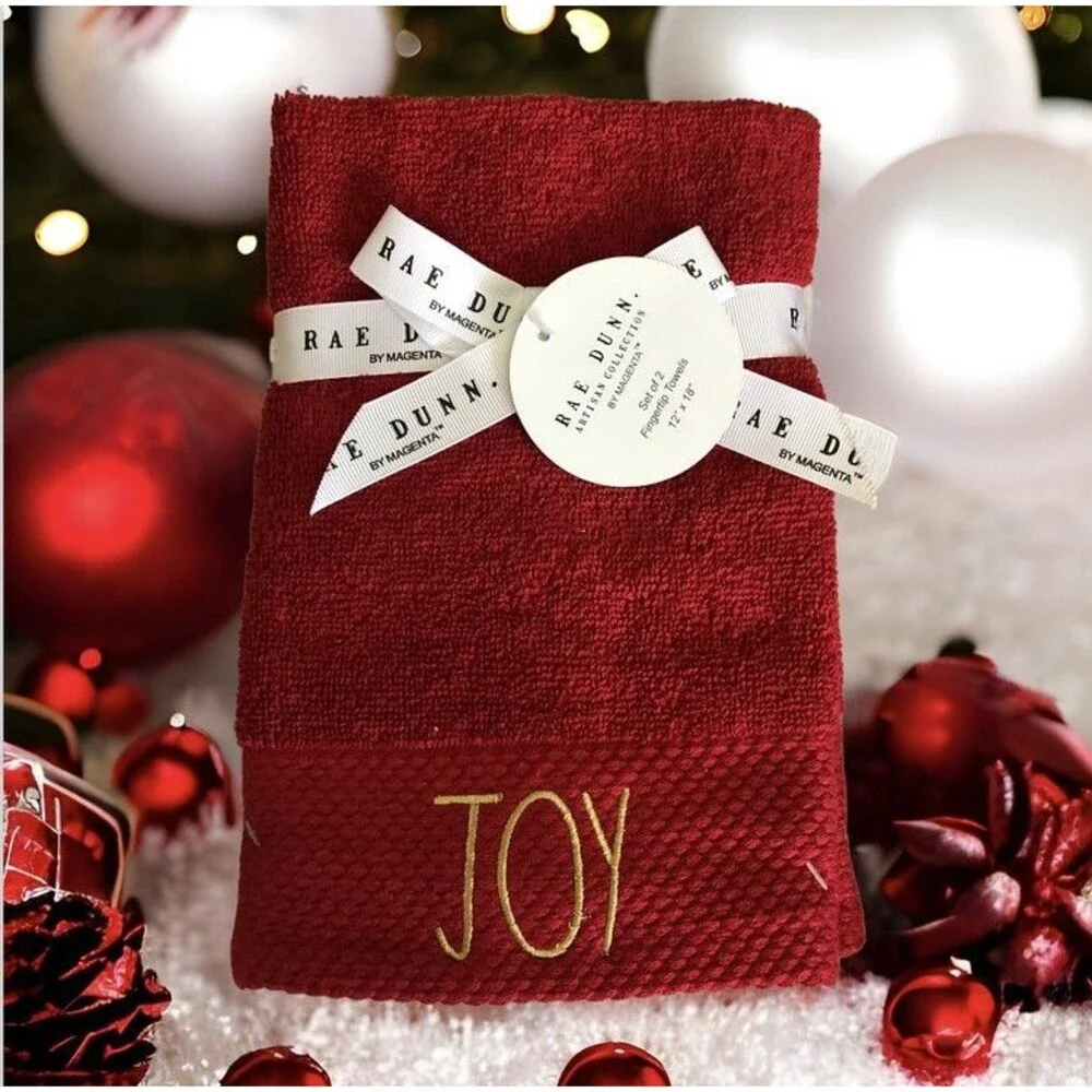 Rae Dunn Christmas Fingertip Towels Joy Red Gold Embroidered Set of 2 Bathroom